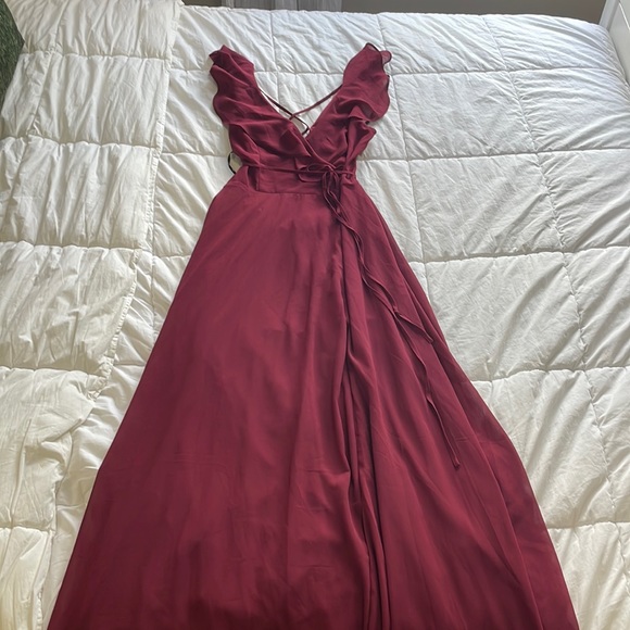 Lulus Dresses & Skirts - LULUS Maroon Wrap Maxi Dress with Lace-up Open Back and Slit Size L